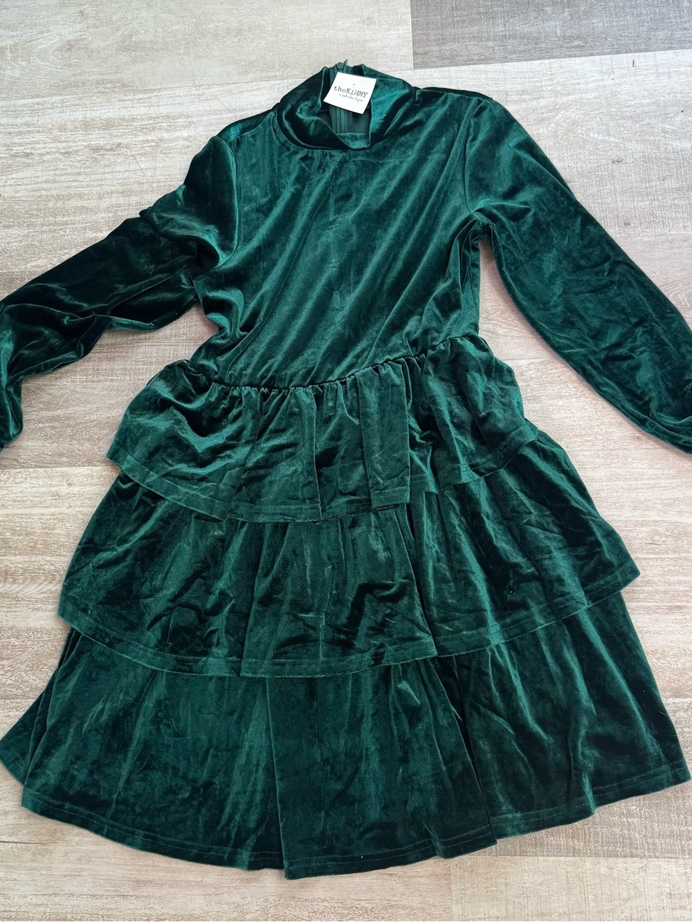 Girls' Dark Green Velvet Long Sleeve Tiered Dress